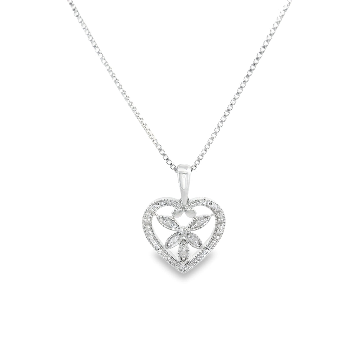 Sterling Silver Diamond Heart Pendant 18 Inch Necklace