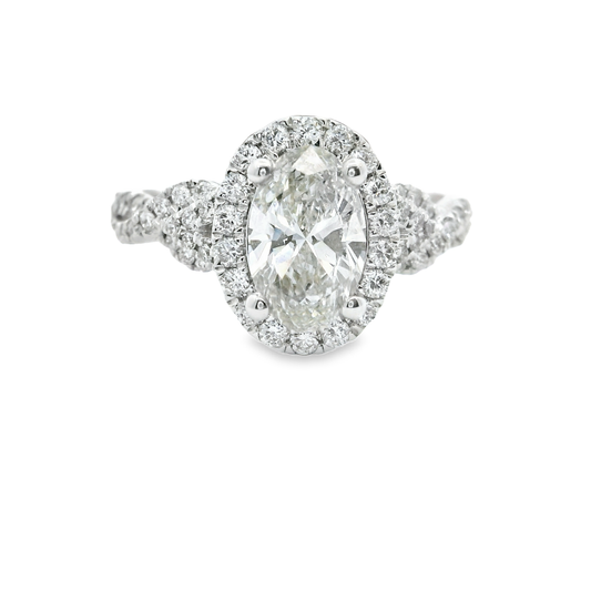 14K White Gold Engagement Ring with Vine Multistone & Oval Cut Lab Diamond VS 1.49CT/CT1.0