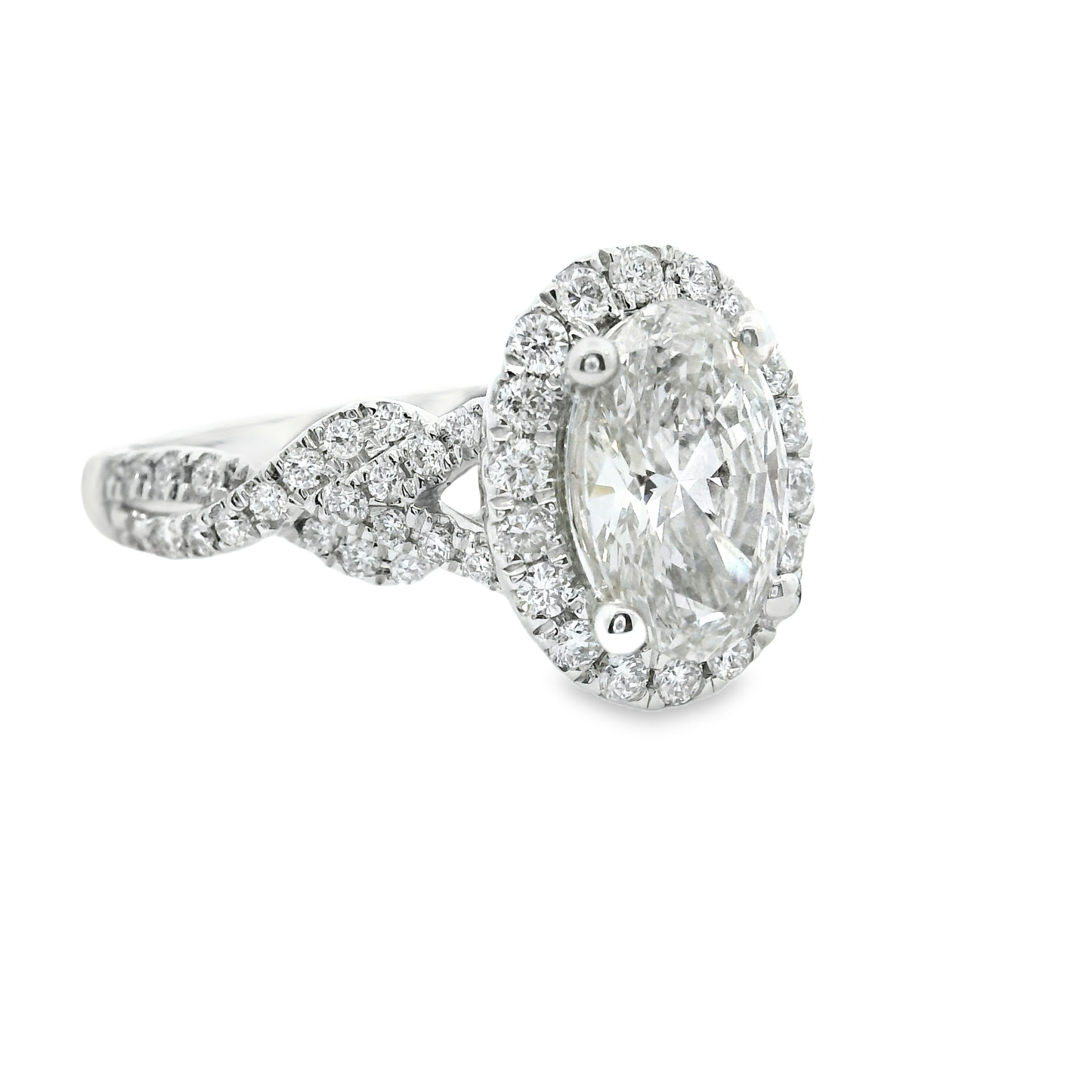 14K White Gold Engagement Ring with Vine Multistone & Oval Cut Lab Diamond VS 1.49CT/CT1.0