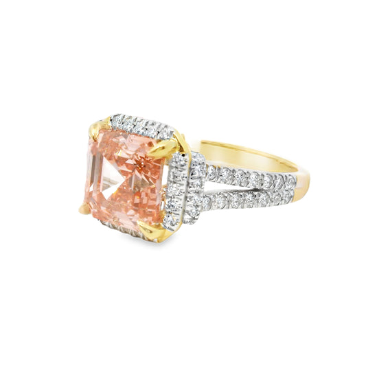 14K Yellow Gold Multistone Ring with Fancy Pink Cushion Cut Lab Diamond 4.69 CTTW