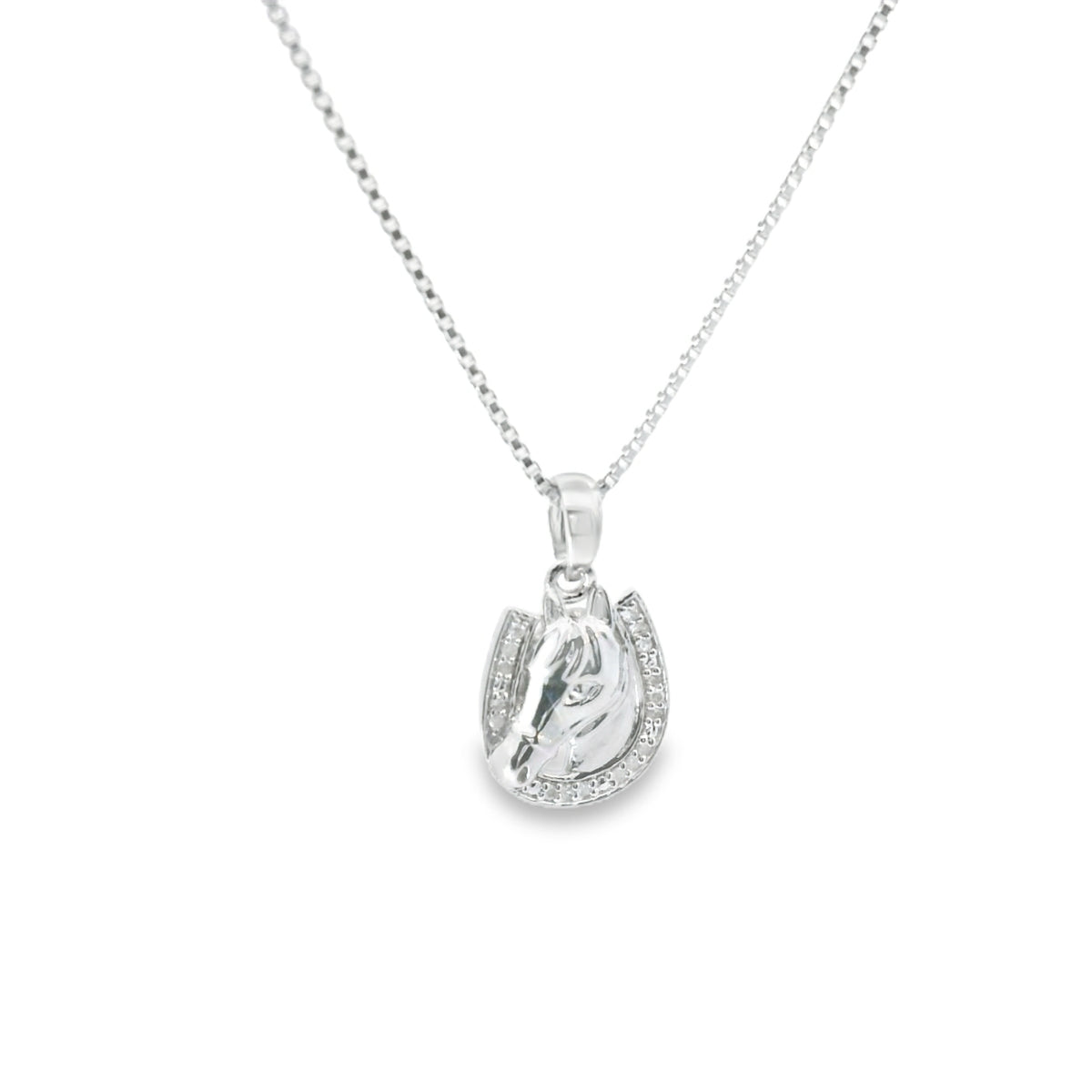 Sterling Silver Horseshoe Pendant Charm 18 Inch Necklace with Round Diamonds Set