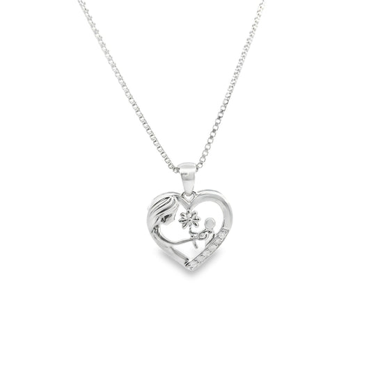Sterling Silver Mother & Child Diamonds Charm 18 Inch Necklace
