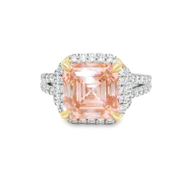 14K Yellow Gold Multistone Ring with Fancy Pink Cushion Cut Lab Diamond 4.69 CTTW