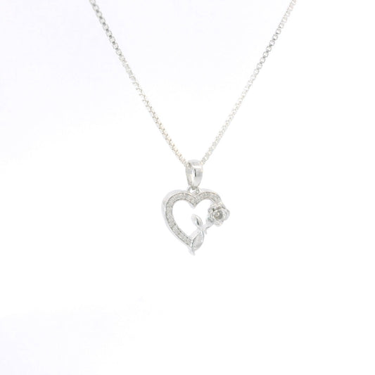 Sterling Silver Chain Set with Elegant Sterling Silver Rose Heart Diamond Pendant