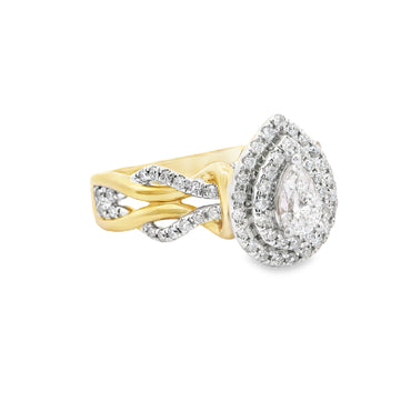 14K Yellow Gold Elegant Multi Stone Twisted Pear Halo Round Cut Diamond Ring