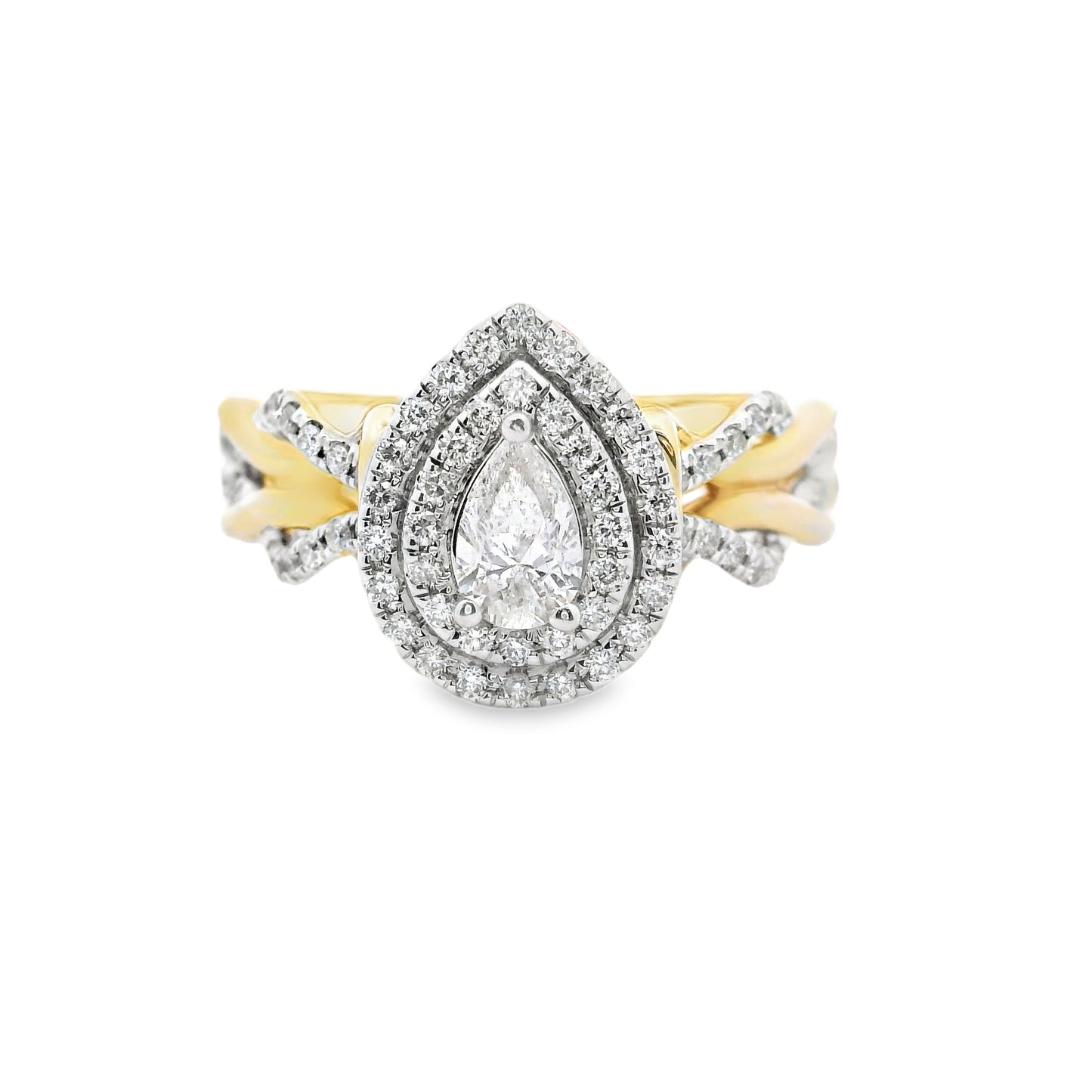 14K Yellow Gold Elegant Multi Stone Twisted Pear Halo Round Cut Diamond Ring