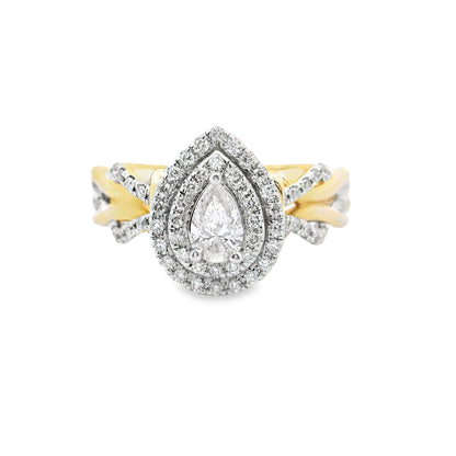 14K Yellow Gold Elegant Multi Stone Twisted Pear Halo Round Cut Diamond Ring