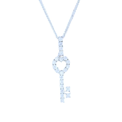 10K White Gold over Silver Round Cut Diamond Key Charm 18 Inch Necklace Set