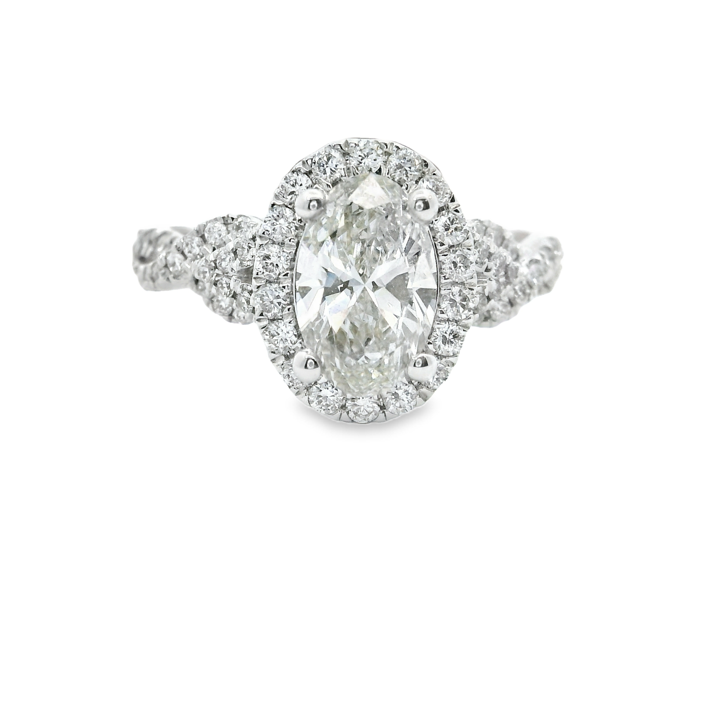 14K White Gold Engagement Ring with Vine Multistone & Oval Cut Lab Diamond VS 1.49CT/CT1.0