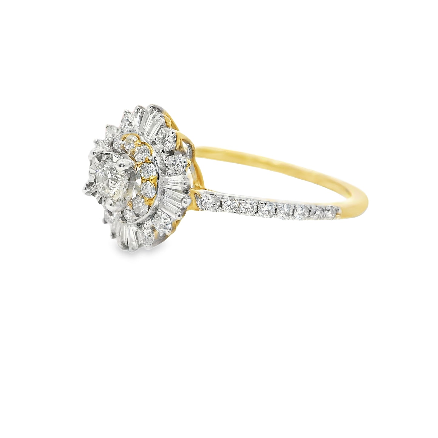 10K Yellow Gold Fancy Floral Ring with Baguette & Round Cut Diamonds 0.59 CTTW