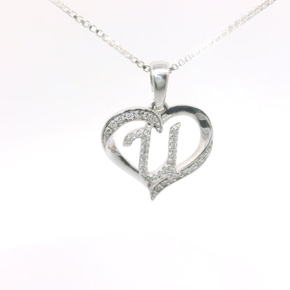 Sterling Silver Necklace with Elegant Heart Initial Diamond Pendent image 2