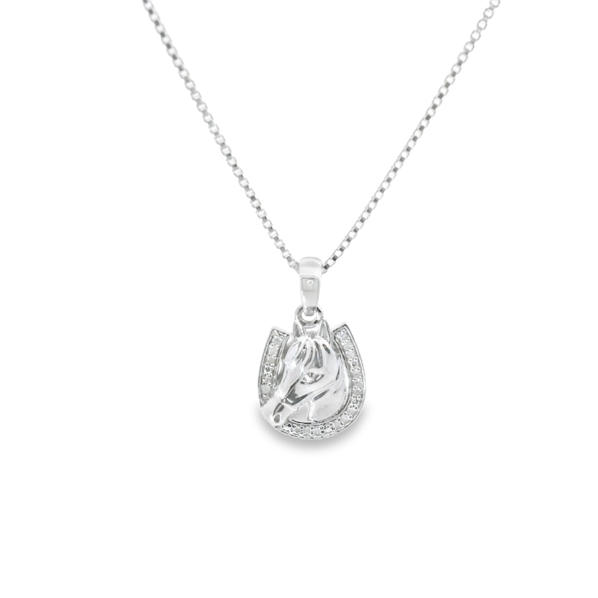 Sterling Silver Horseshoe Pendant Charm 18 Inch Necklace with Round Diamonds Set