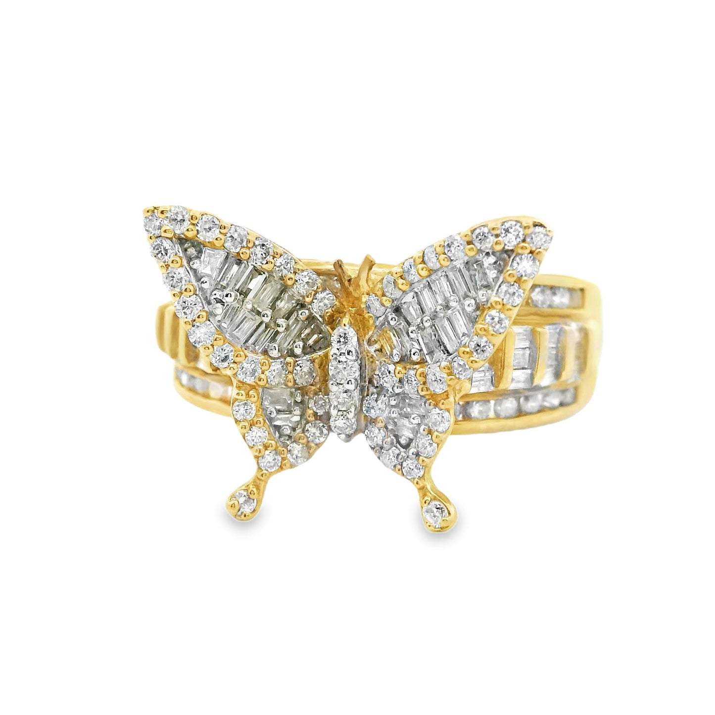 10K Yellow Gold Fancy Baguette with Round Cut Diamond Butterfly Ring 0.78 CTTW