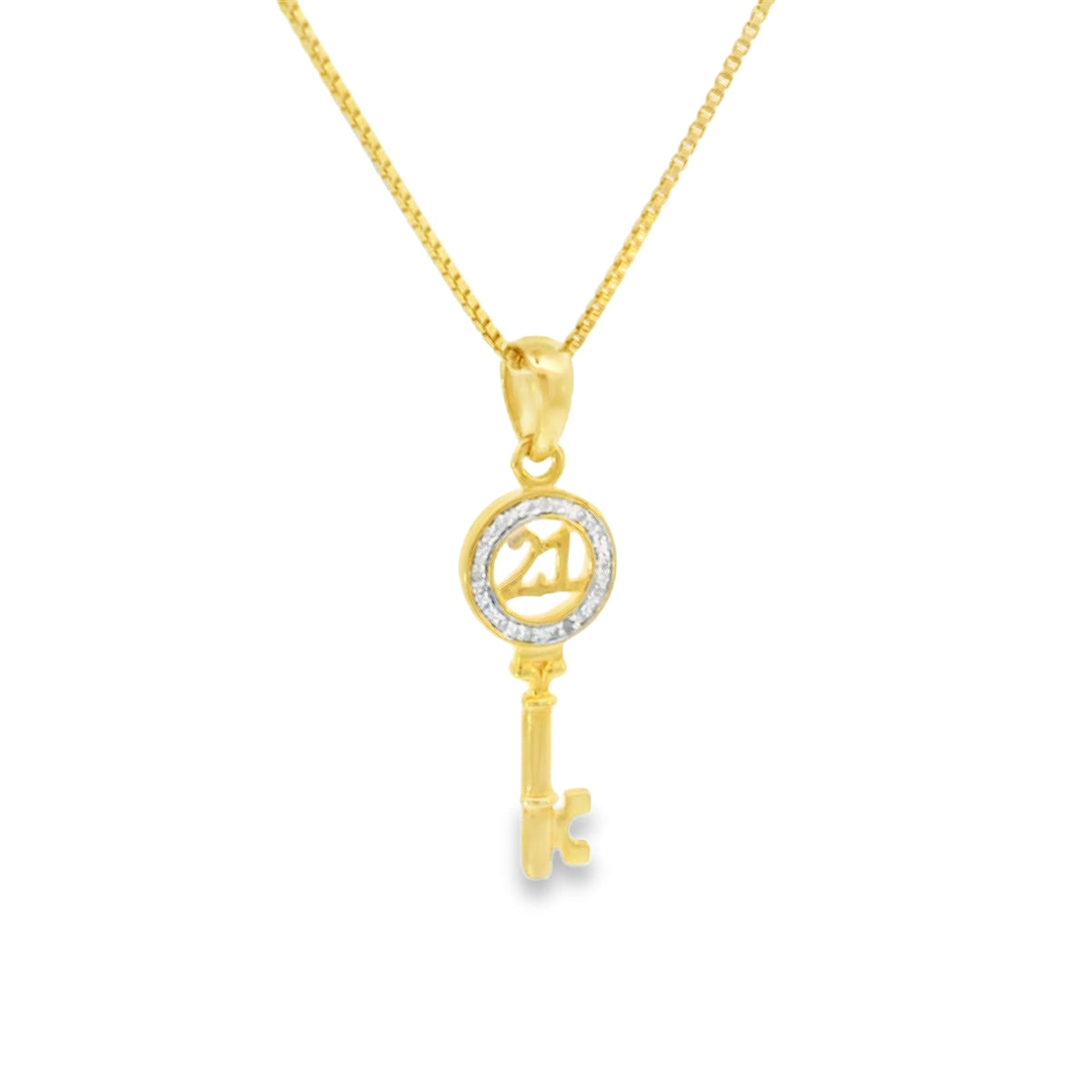 Sterling Silver Gold-Plated 21 Key Charm 18 Inch Necklace with Round Cut Diamond