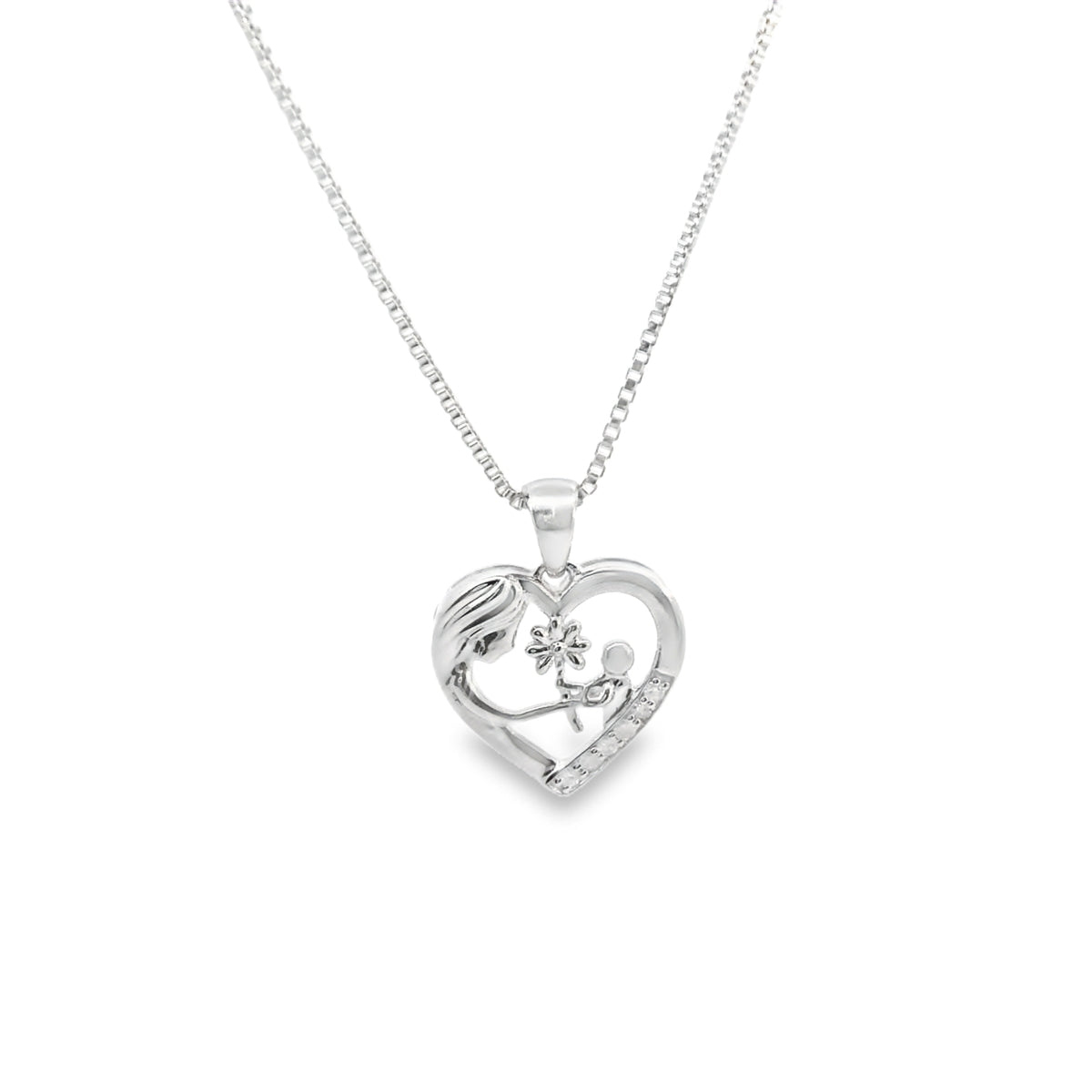 Sterling Silver Mother & Child Diamonds Charm 18 Inch Necklace