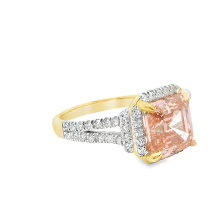 14K Yellow Gold Multistone Ring with Fancy Pink Cushion Cut Lab Diamond 4.69 CTTW