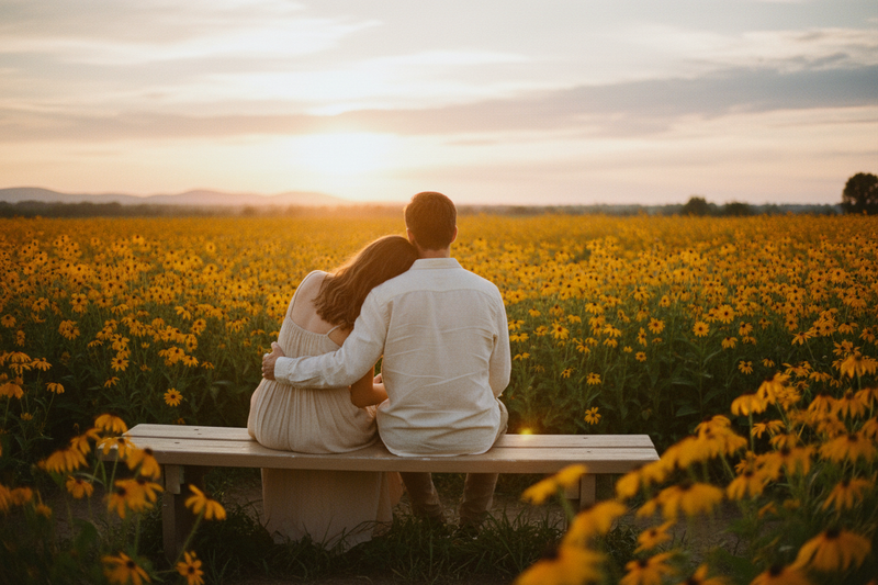 A couple sitting on a warm beige bench facing a bright field of fellow flowers in a bright fading sunset to match the beige background