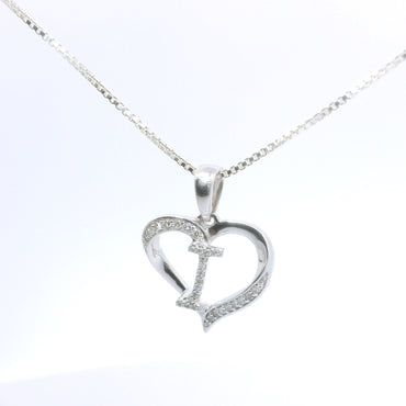Sterling Silver Necklace with Elegant Heart Initial Diamond Pendent image 1