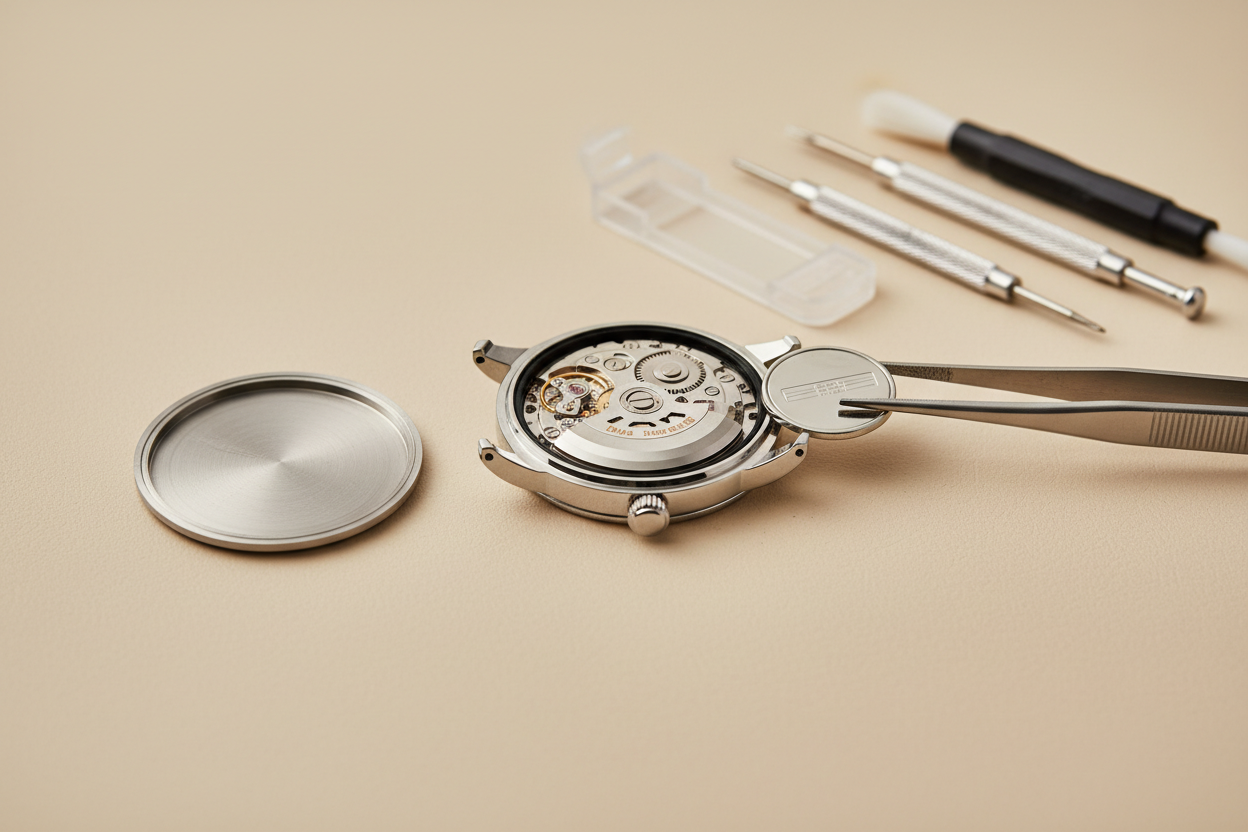 Show a watch that is opened up for a battery replacement in a beige background