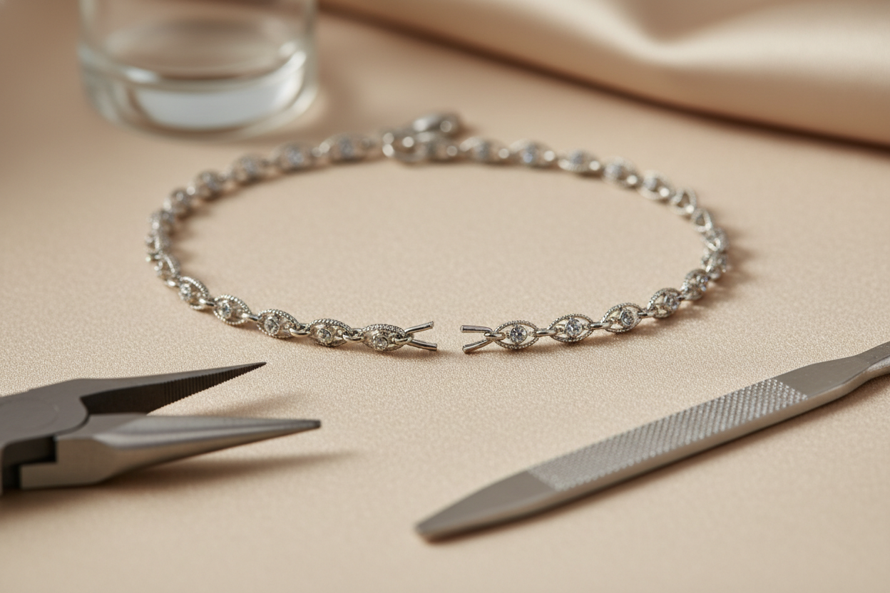 Showcase a broken link on a bracelet being ready to be repaired in a beige background