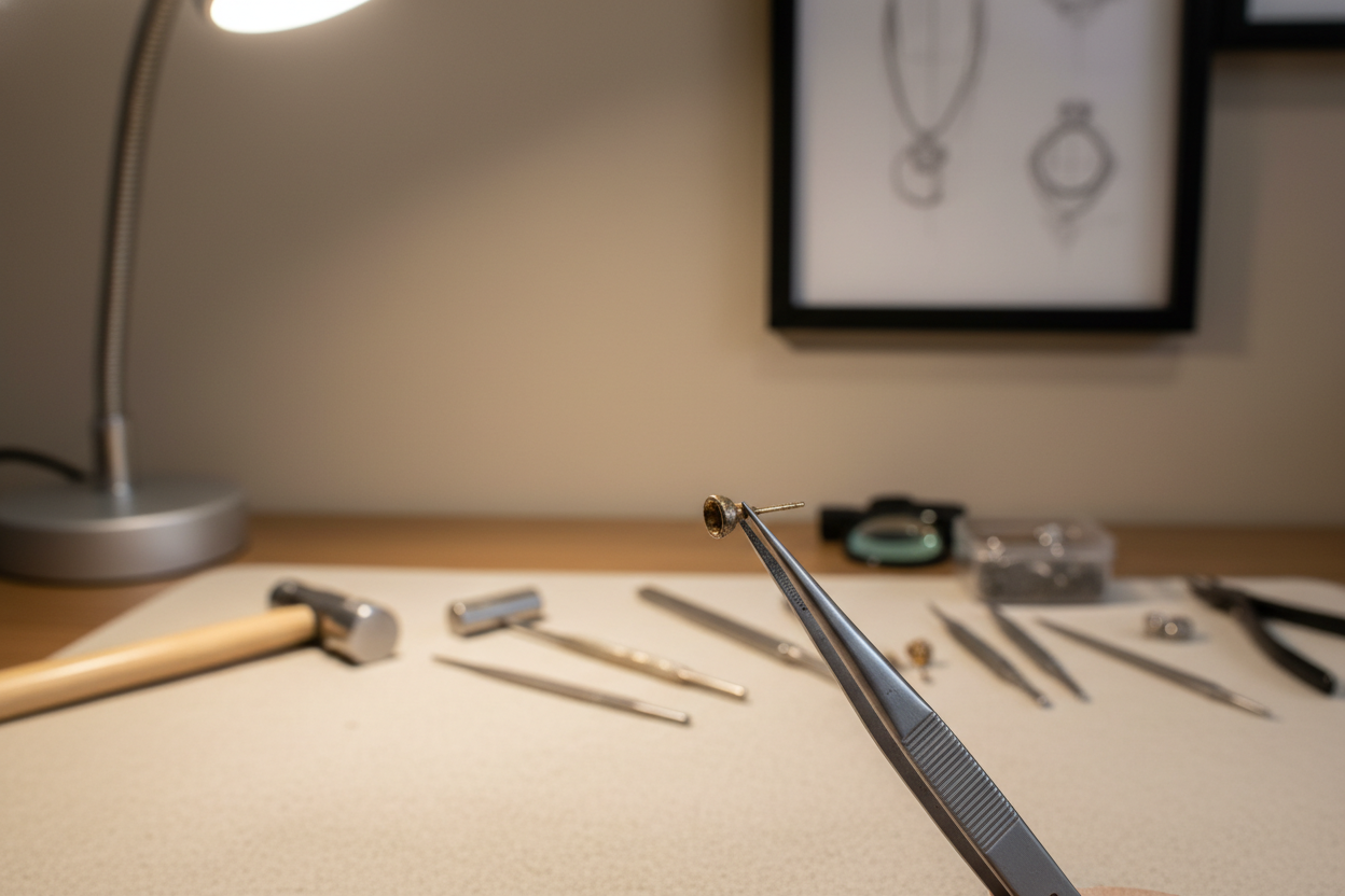 Showcase an earring post being prepped to be fixed in a beige background