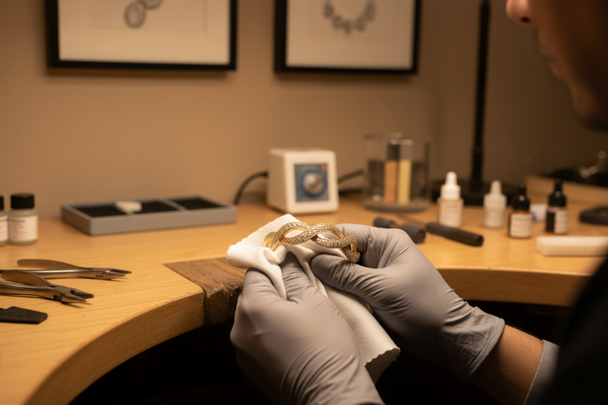Showcase fine jewelry being polished in a beige backgrond